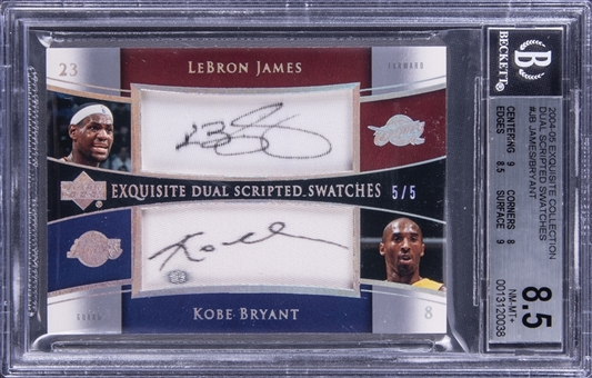 2004-05 UD "Exquisite Collection" Dual Scripted Swatches #JB LeBron James/Kobe Bryant Dual Signed Game Used Patch Card (#5/5) – BGS NM-MT+ 8.5/BGS 7